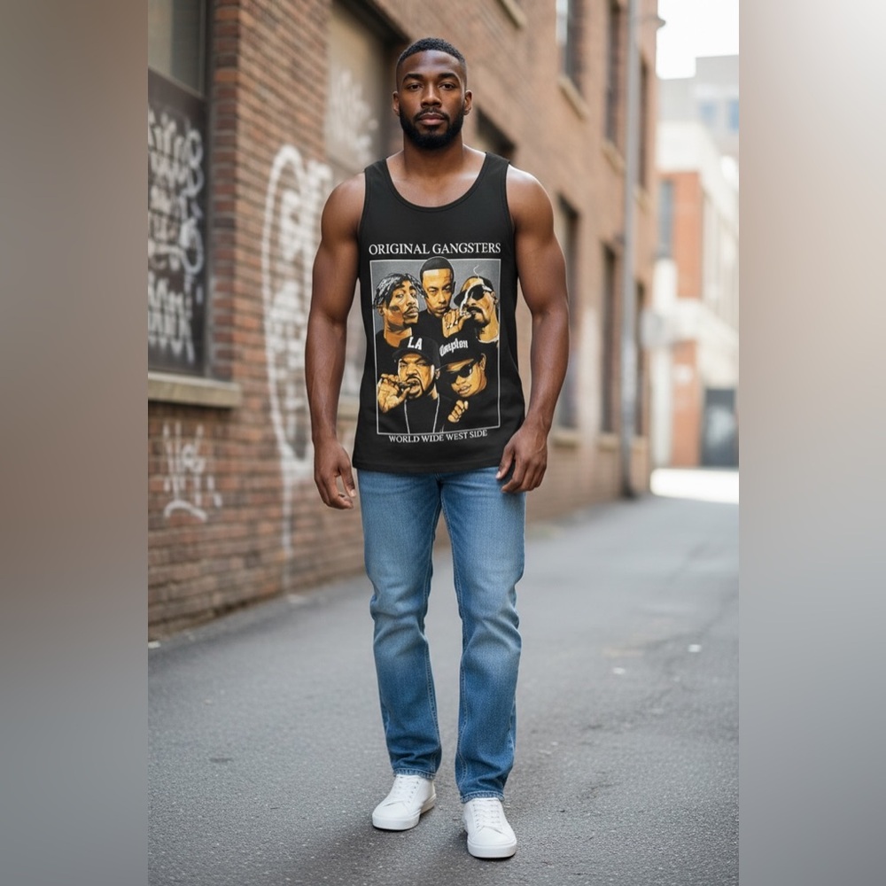 Tee Styled Black Graphic Tank Top with Original Gangsters Print